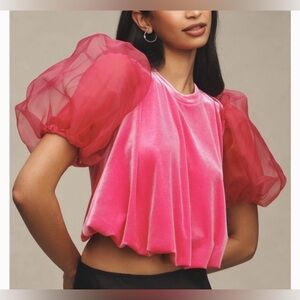 Anthropologie Maeve NWT $98 Bubble Hem Crop Tulle Sleeve Velvet Top XXS Pink